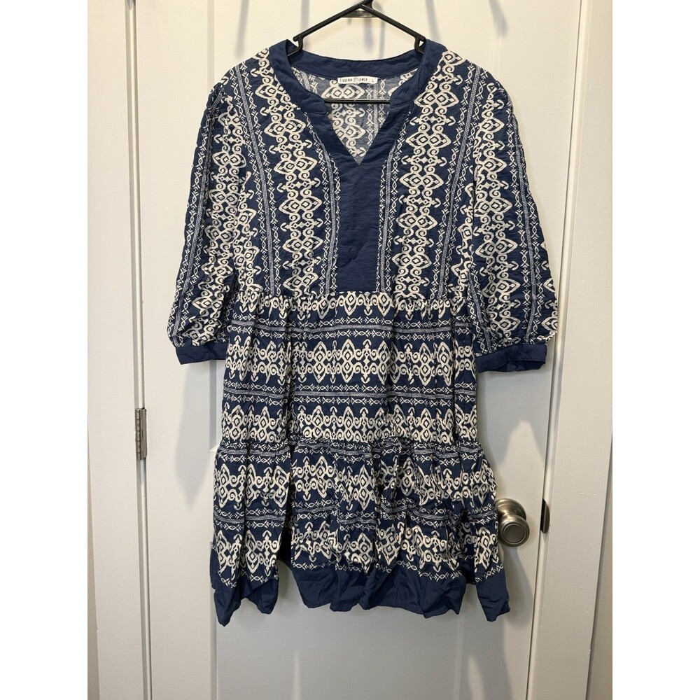 Fig + Flower Anthropologie Boho Tiered Peasant Dress Womens Large Cream Blue